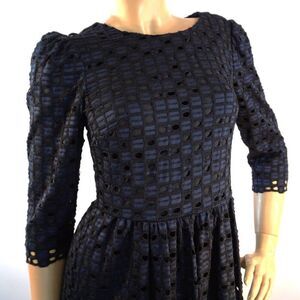 Ann Taylor Sheath Dress Sz 2 Blue Black Perforated Lace Overlay 3/4 Sleeve Lined